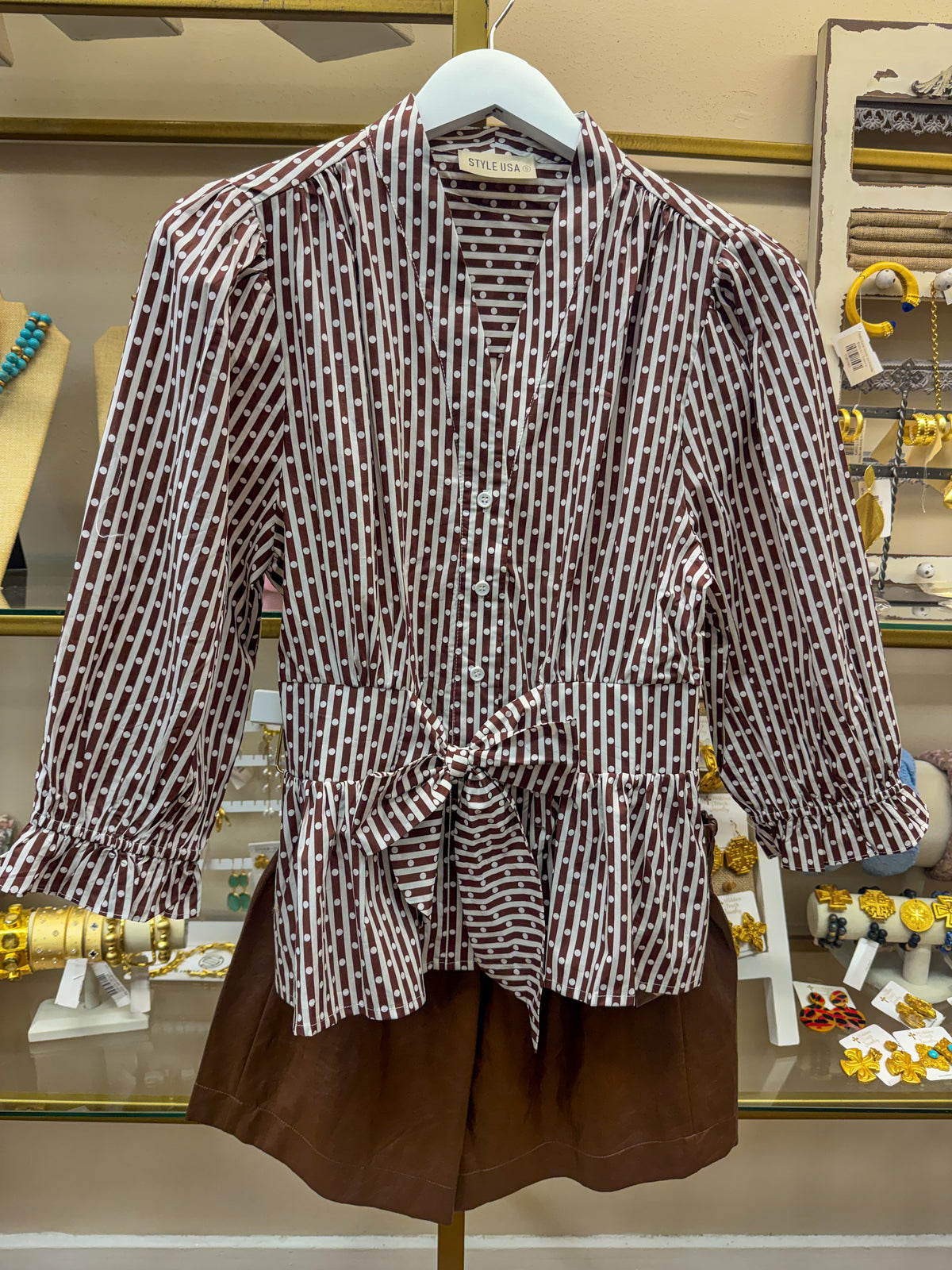 Stripe Polka Dot Peplum Blouse- Brown