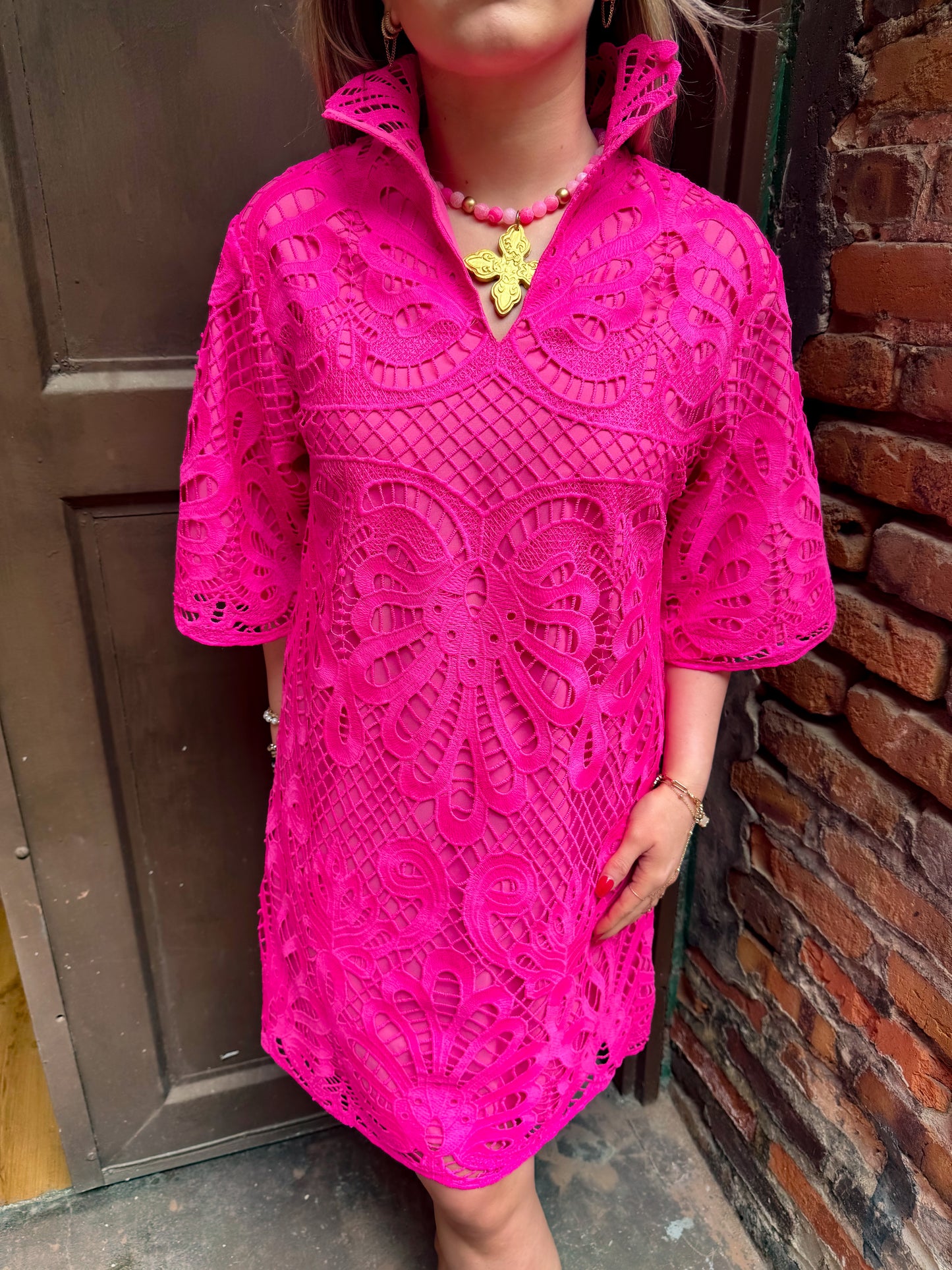 jade high neck tunic dress pink lace