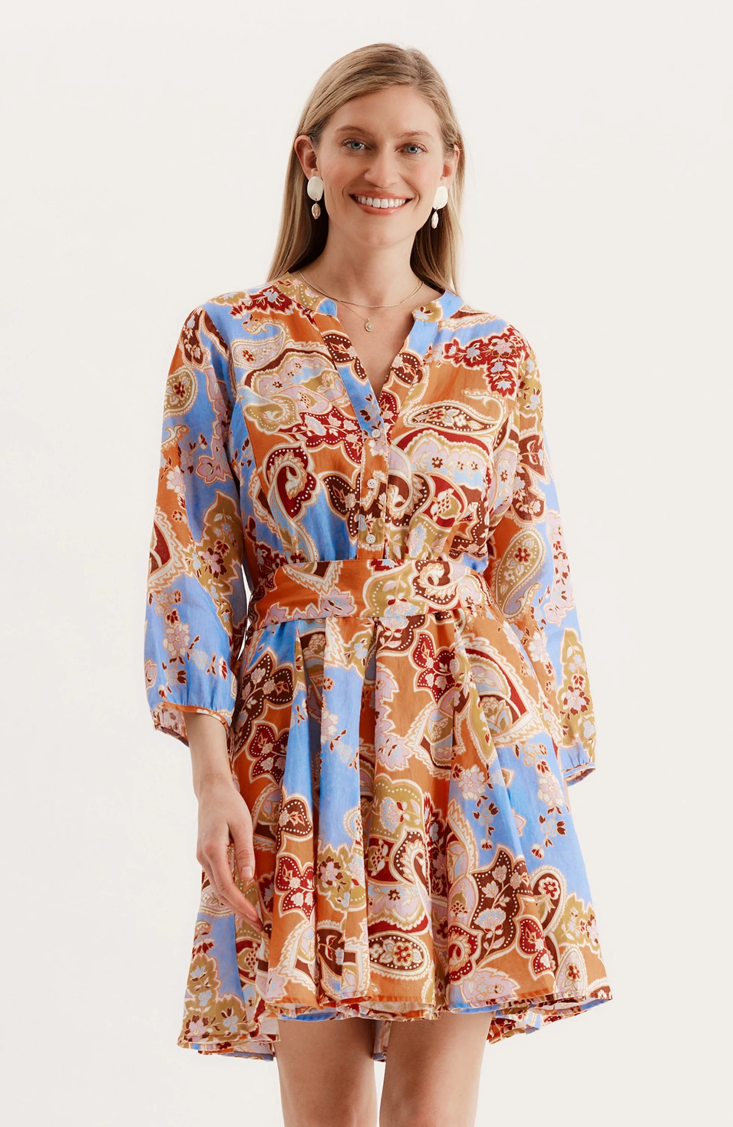 tyler boe gabriella blue linen paisley dress