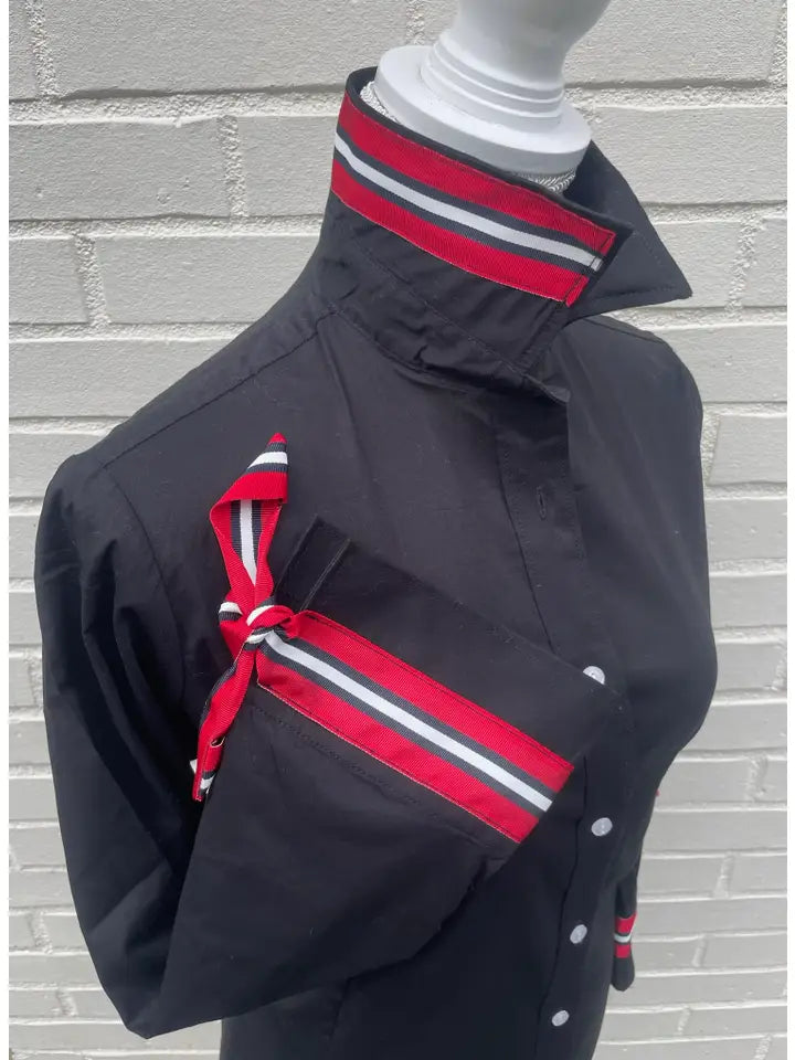 Ann top 3/4 black w black, white and red stripe ribbon