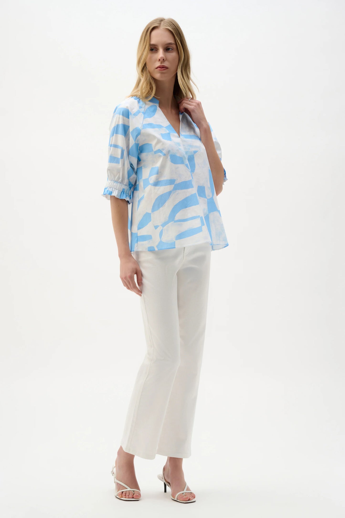 Stretch Cotton Geometric Print Straight Top With Puff Sleeves 262199 JR