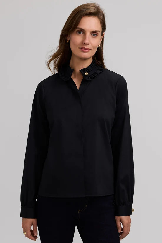 Fox Croft Colette Stretch Matte Sateen Ruffle Long Sleeve Shirt