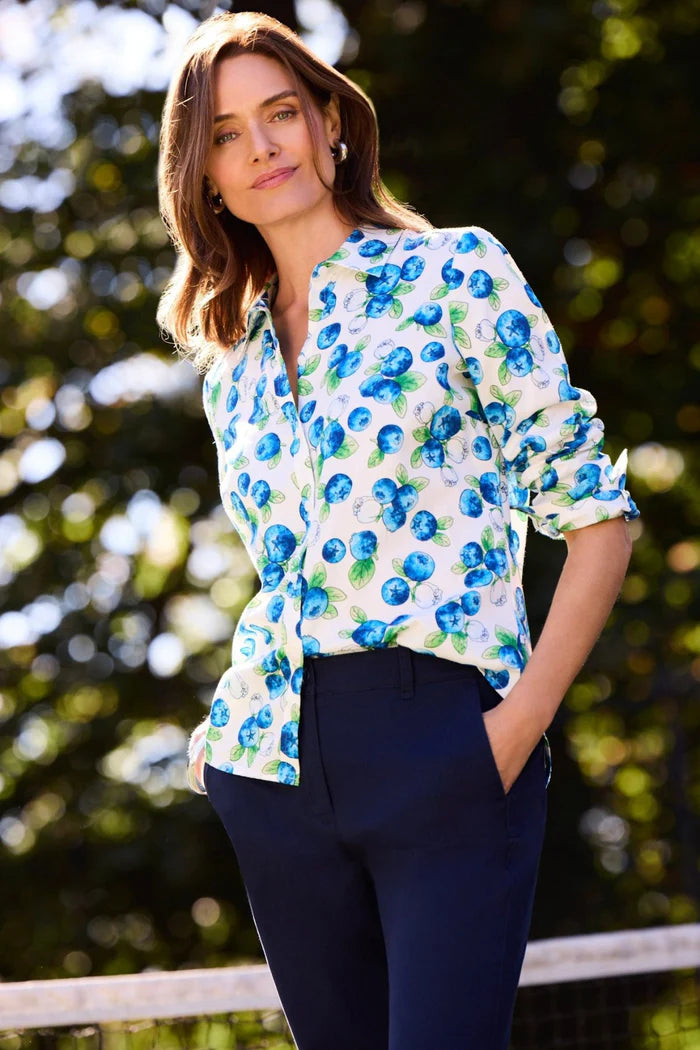 foxcroft Hampton Watercolor Blueberries Long Sleeve Shirt