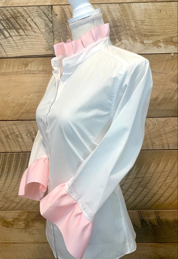 Barbara Ann Poplin Ribbon Trim 3/4 Sleeve - White Blush top