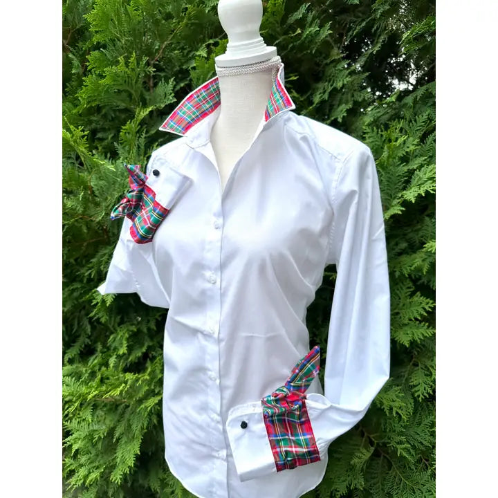 Holiday Ribbon French Cuff - White W Royal Stewart Plaid top