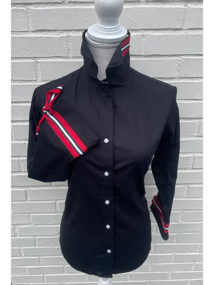Ann top 3/4 black w black, white and red stripe ribbon