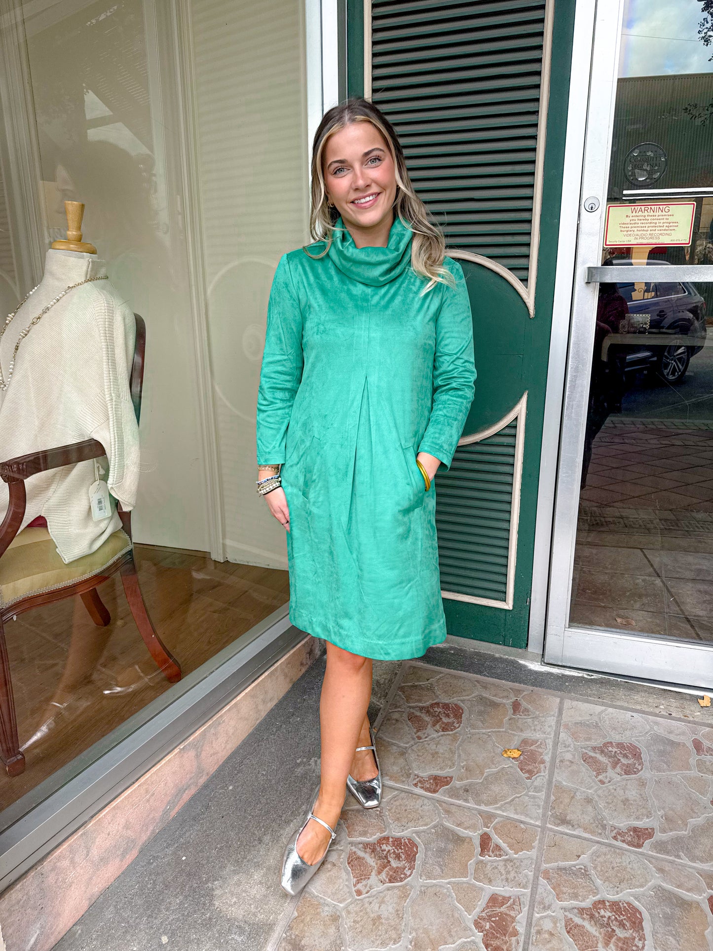 Tyler Boe Kim faux suede kelly green dress