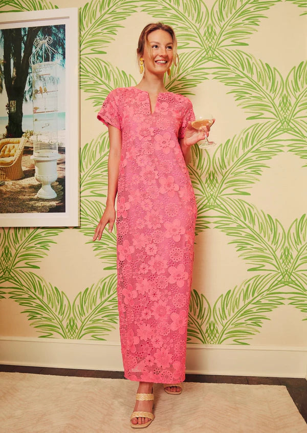 Abbey Glass Heidi Caftan Gown Carnation 3-D lace- pink dress