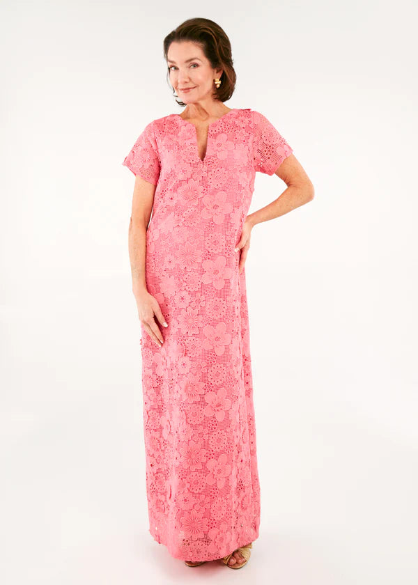 Abbey Glass Heidi Caftan Gown Carnation 3-D lace- pink dress