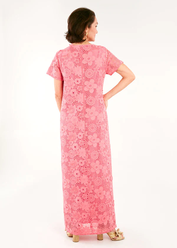 Abbey Glass Heidi Caftan Gown Carnation 3-D lace- pink dress