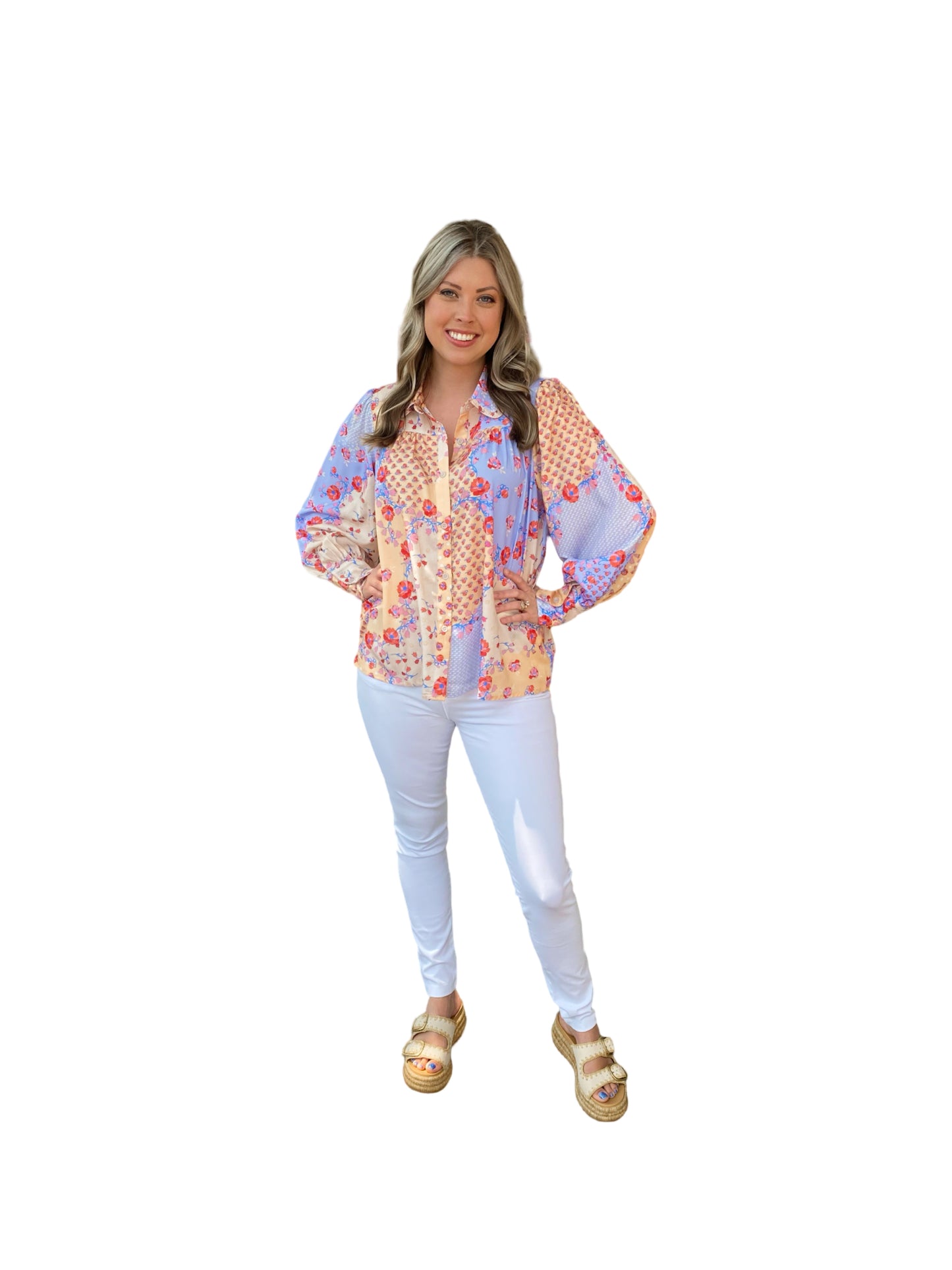 Karlie floral ruffle collar button up top