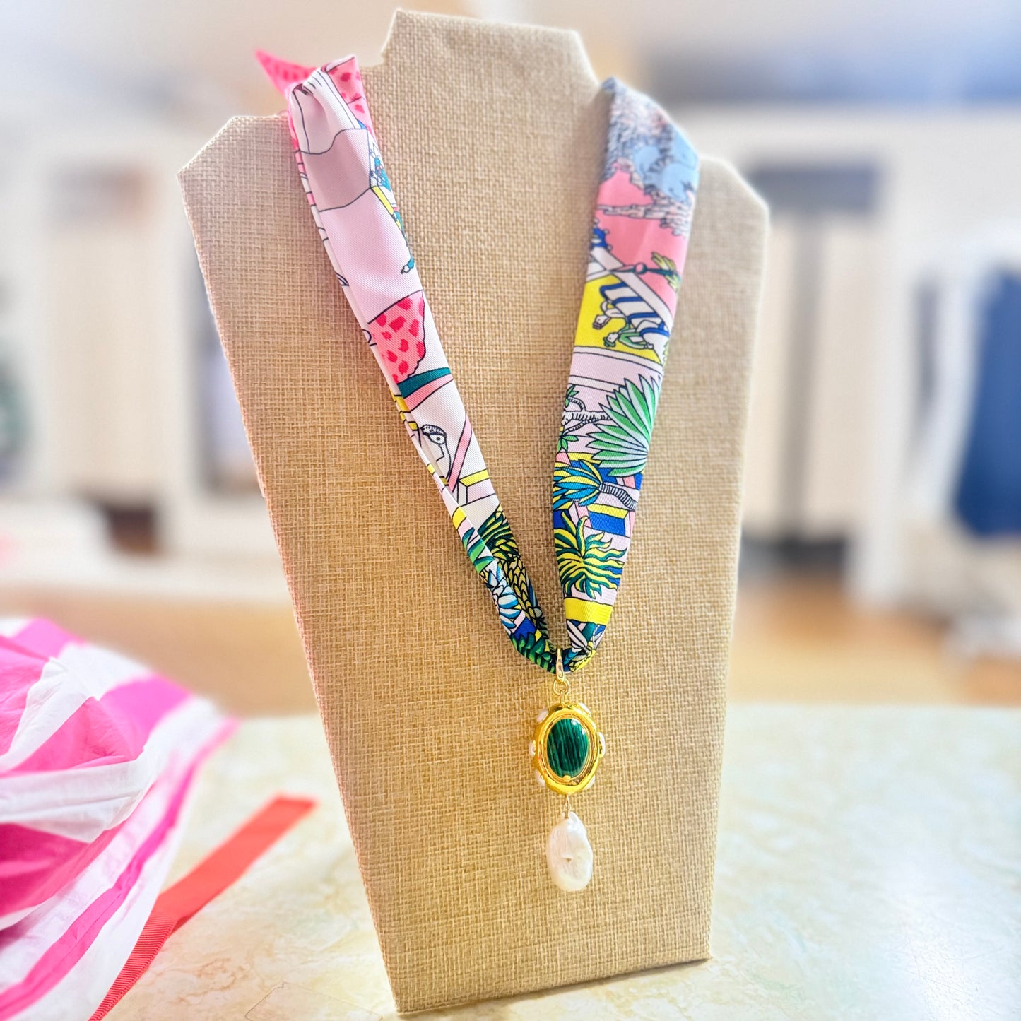 knotty bling twilly with malachite and pearl drop necklace