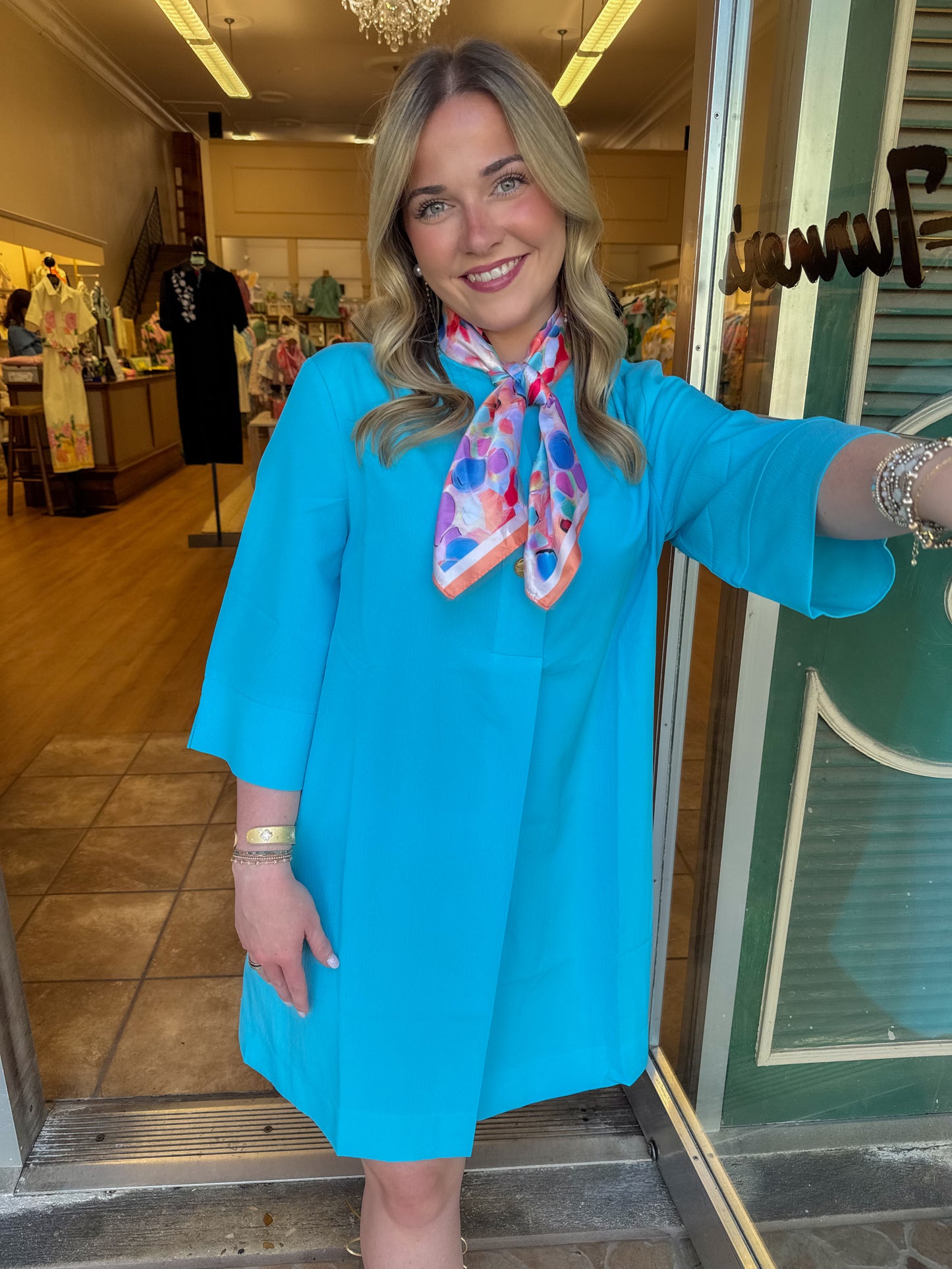 aqua button pleated dress