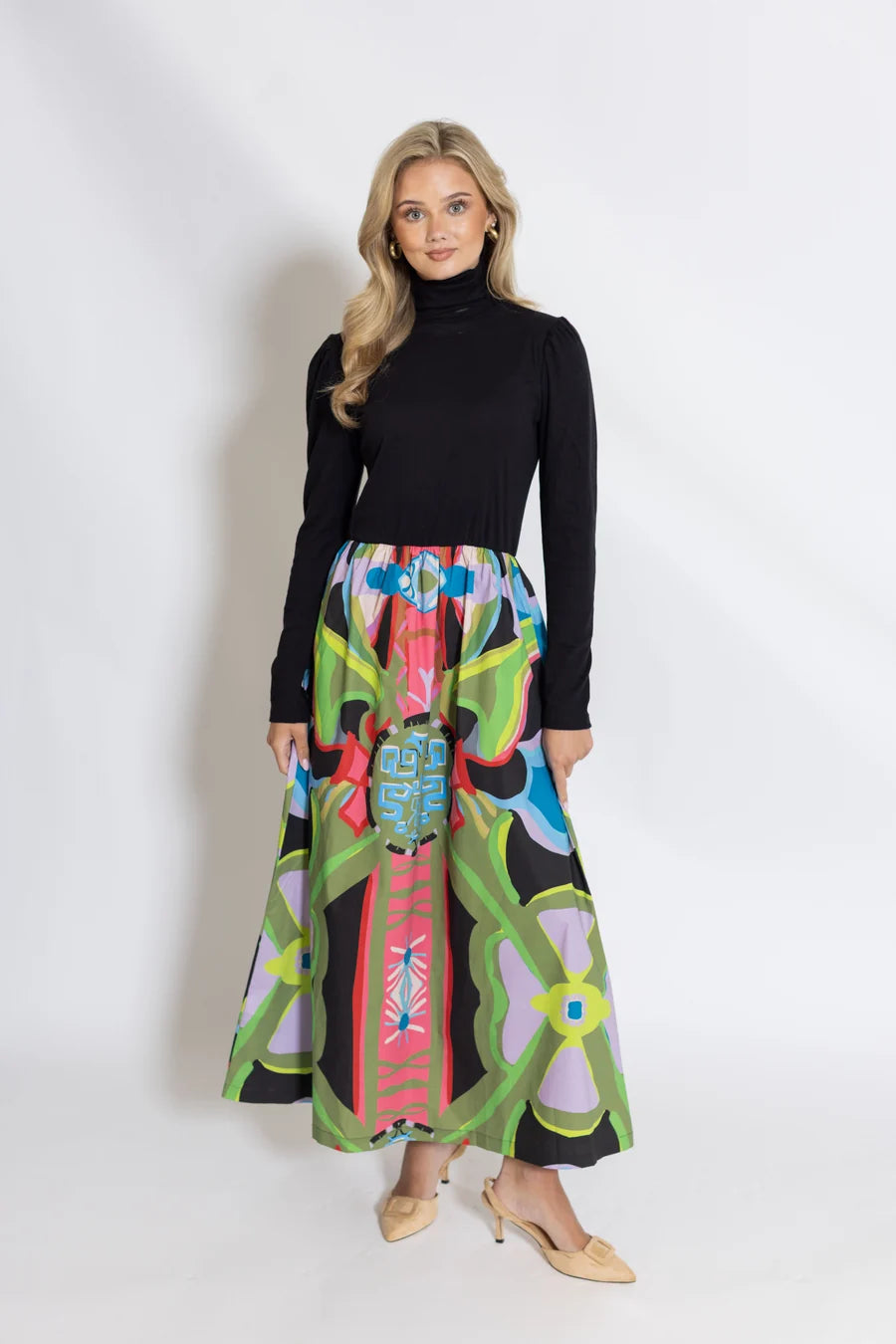 house of mbr keaton mixed media turtle neck dress