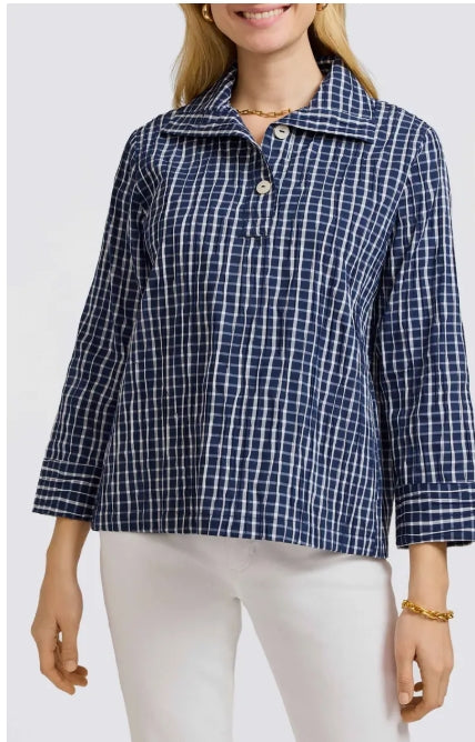 Sammy Check Crinkled Cotton Blend Top navy