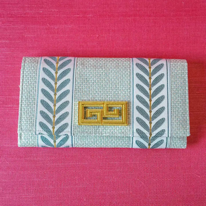 Aqua Grass Cloth Clutch with Trim Tape Accent Garland bag
