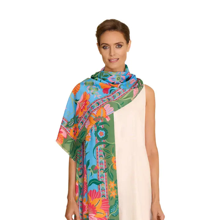 Cotton Scarf - Folky Floral - Cornflower