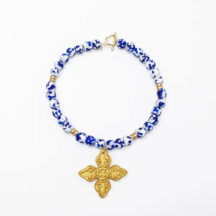 hidden truth Cobalt Blue & White African Glass with Kait Cross necklace