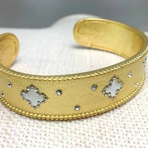 Cuff-matte gold-opaque flowers-crystals bangle bracelet