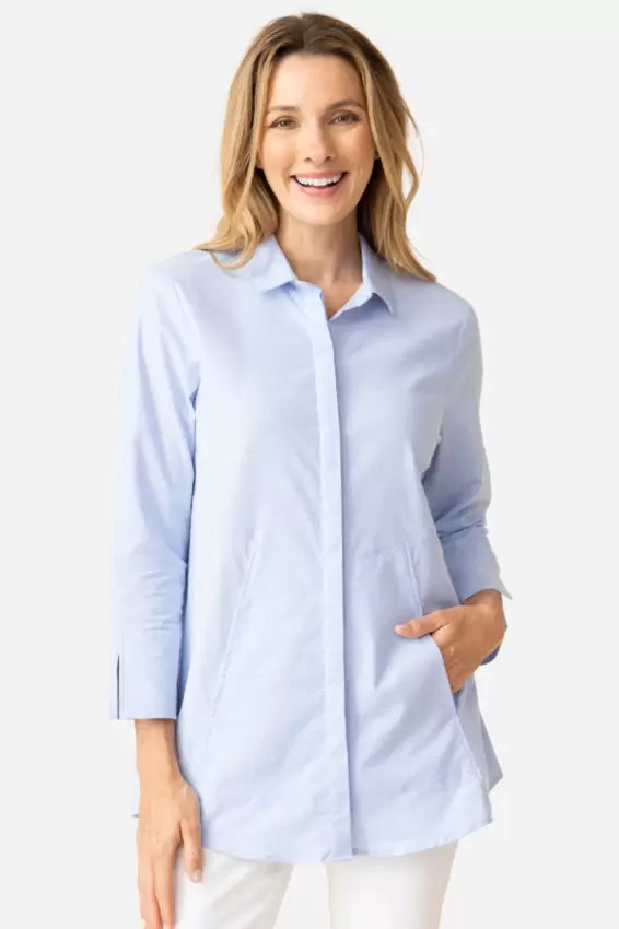 PERFECT TRAVEL HIDDEN PLACKET SHIRT BL OXFORD BLUE