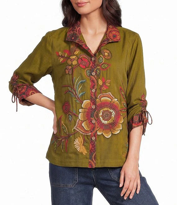 John Mark Woven Button 3/4 Cinched Sleeve Top