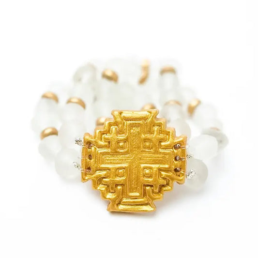 Hidden Truth Clear African Glass Triple Strand with Jerusalem Cross Bracelet