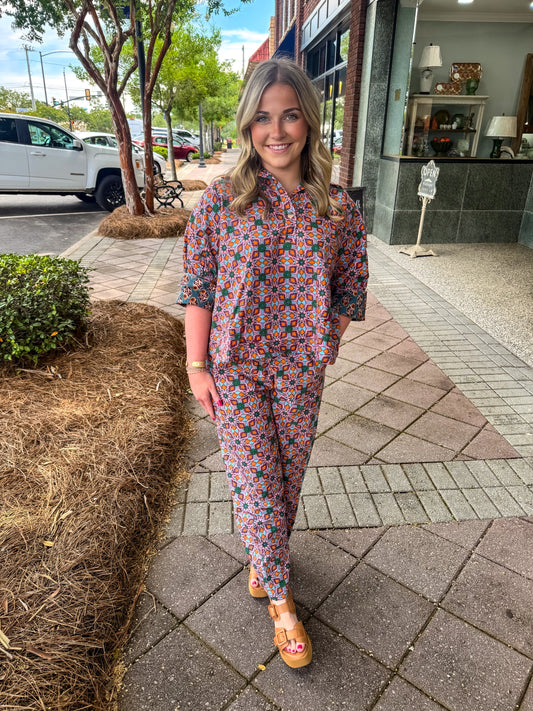 Ivy Jane Blue Tile Print Popover Top
