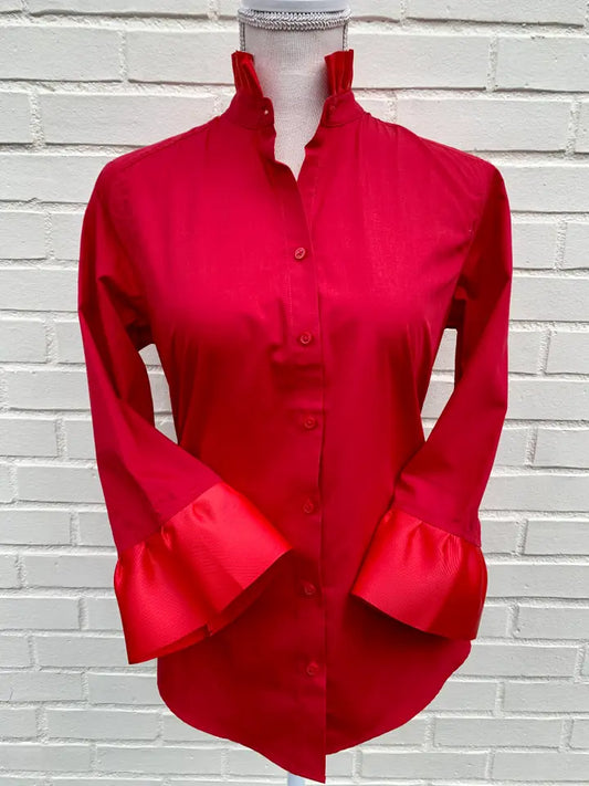 Barbara Ann Poplin Ribbon Trim top 3/4 Sleeve - Red Red