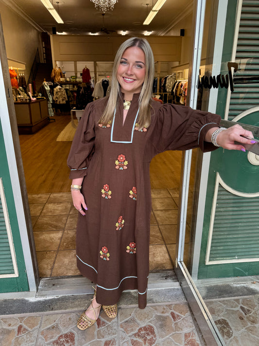 Uncle Frank Kaftan dress W Folkloric Embroidery- Coffee