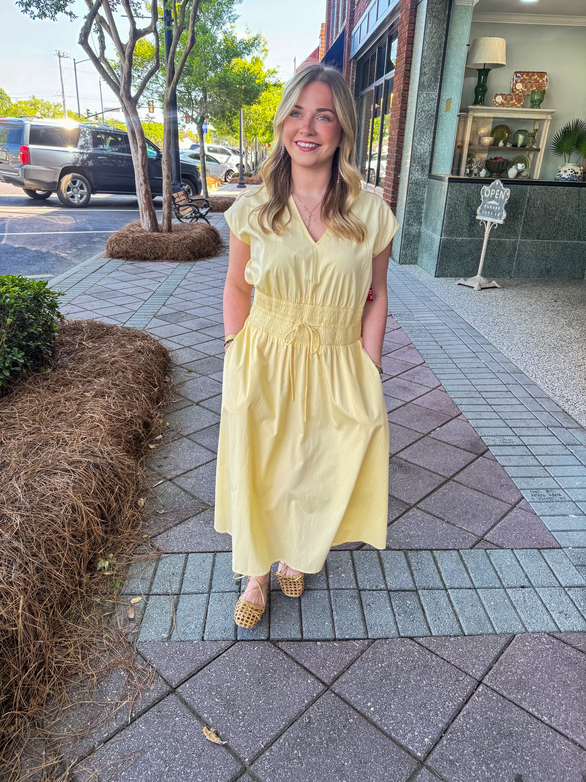 spanx poplin smocked midi dress sunbeam