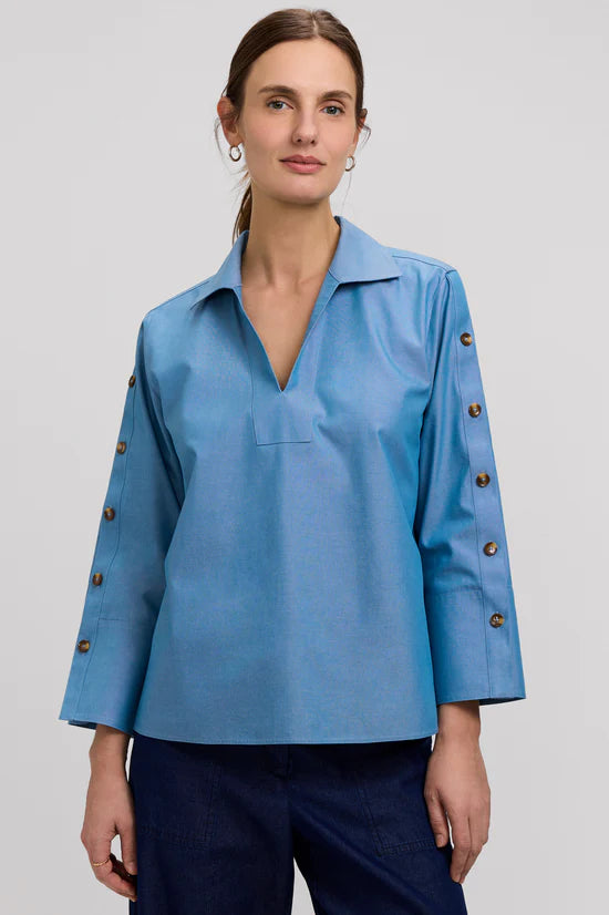 Foxcroft Soft Indigo Button Sleeve Shirt
