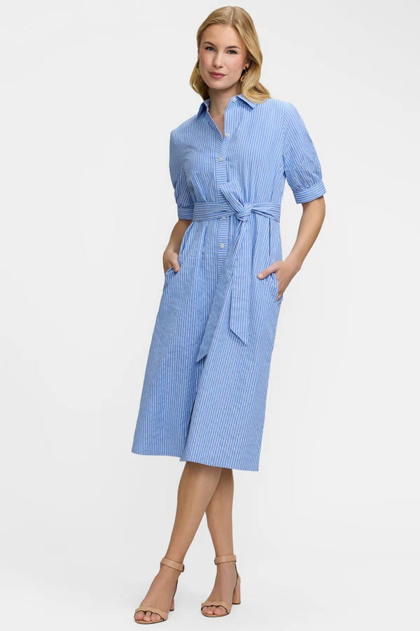 205527 Esther Blue Seersucker Elbow Sleeve Dress