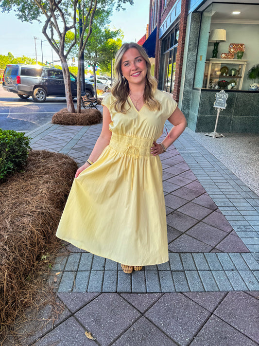 spanx poplin smocked midi dress sunbeam
