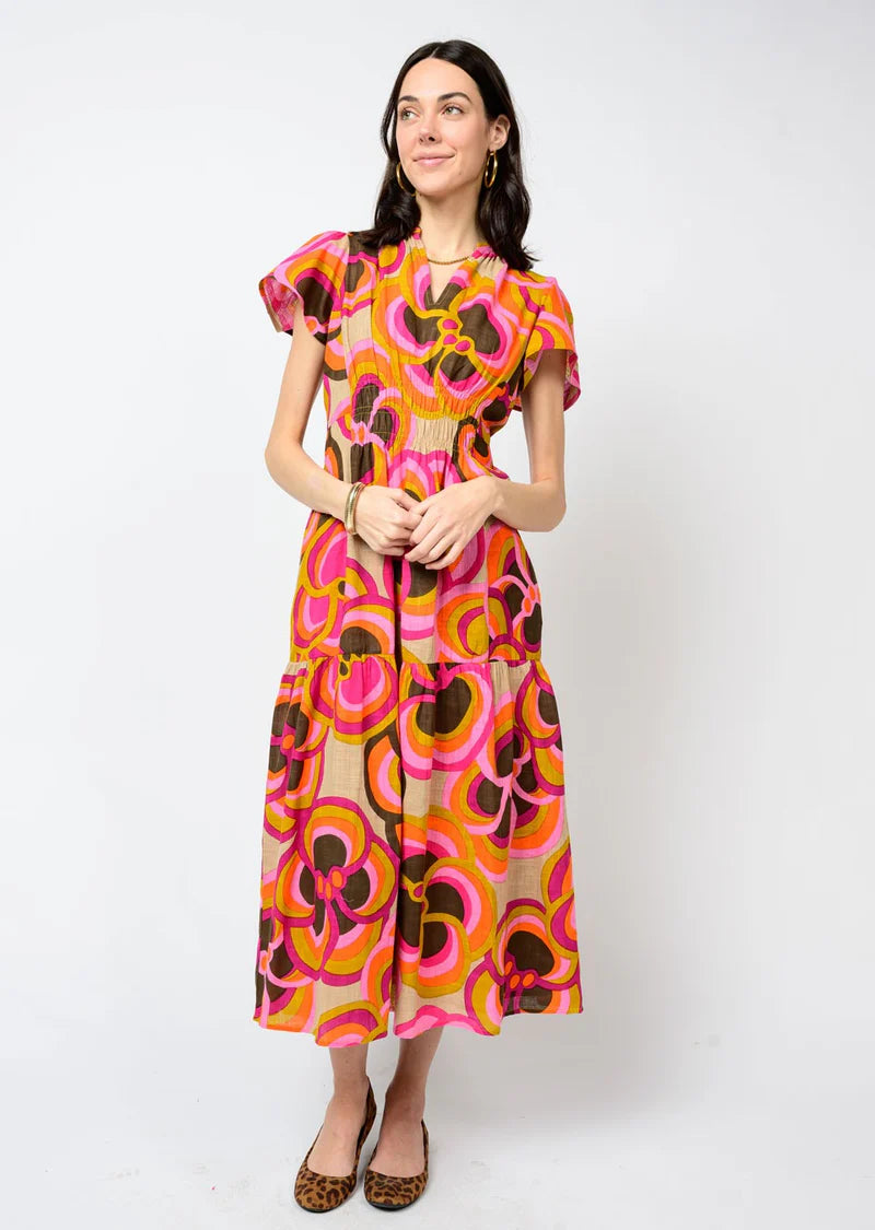 Uncle Frank Bold Floral Midi Khaki Dress