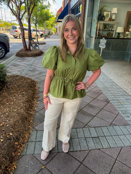 Olive Solid Short Puff Sleeve Top
