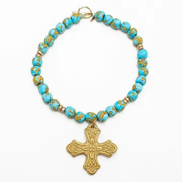 hidden truth 18" Fire and Water African Glass with Sarah Cross necklace