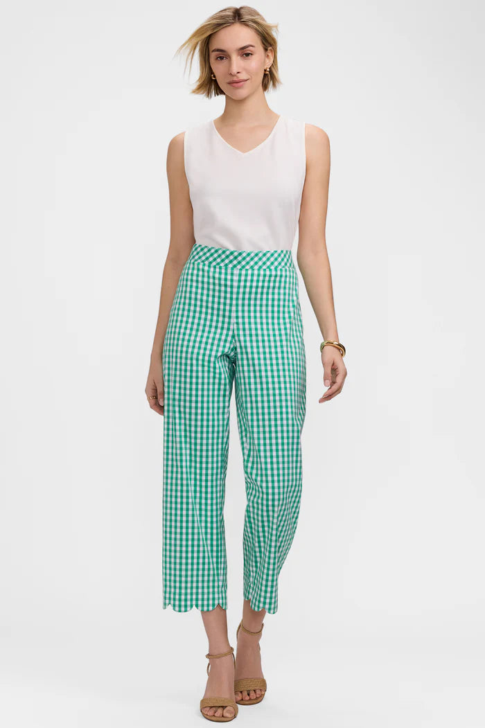 205501 Elaine Gingham Stretch Matte Sateen Scallop Hem Capri pant