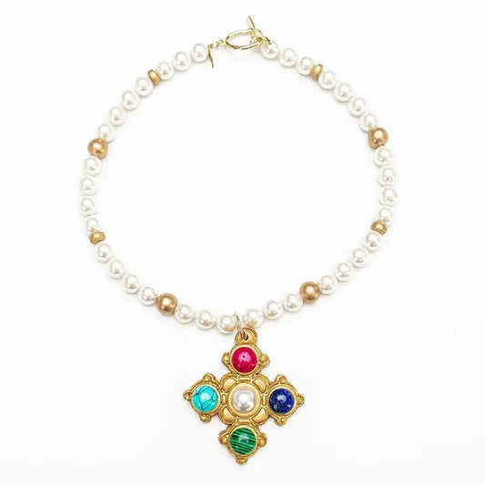 hidden truth 18" Pearls with Multi Gem Esther Cross necklace