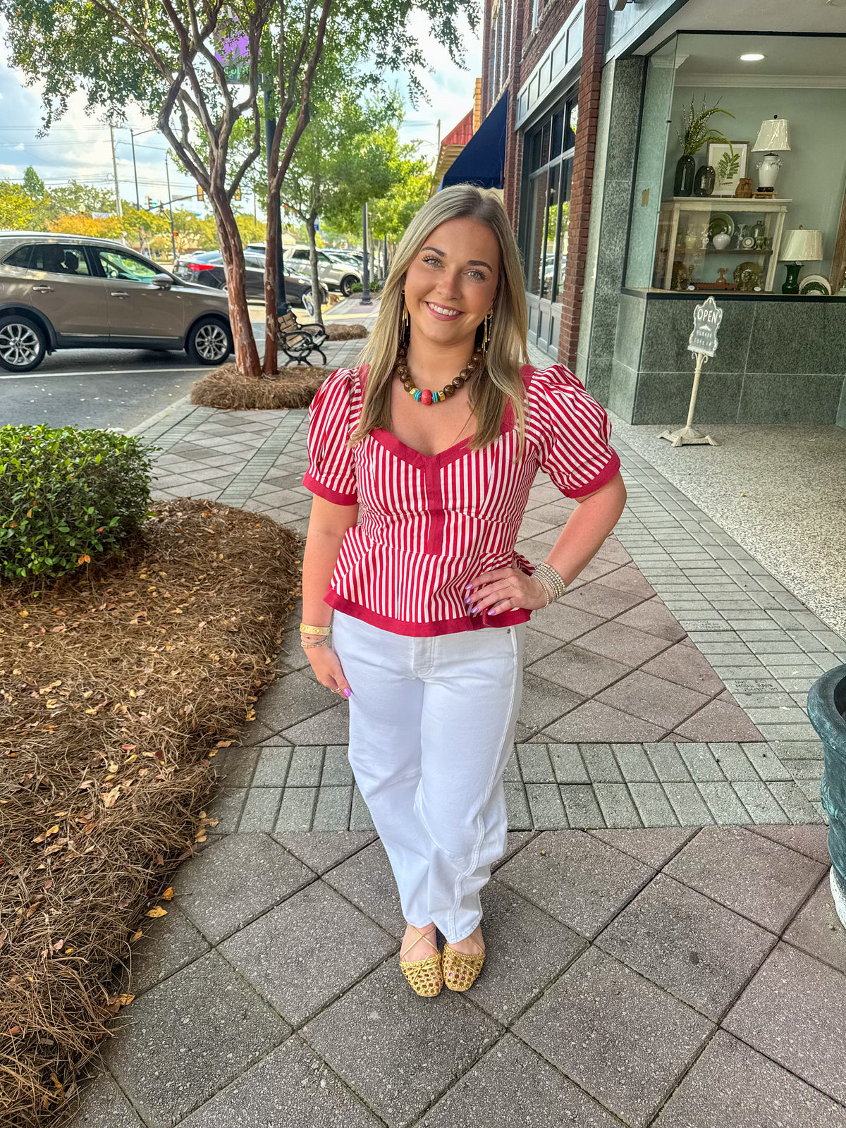 Addie Puff Sleeve Top- Red Stripe