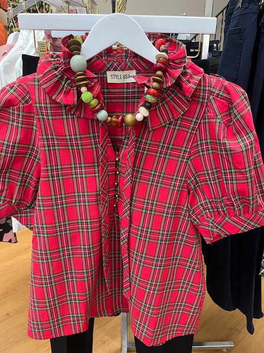 Plaid Ruffle Neck Short Puff Sleeve Top
