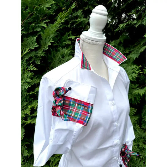 Holiday Ribbon French Cuff - White W Royal Stewart Plaid top