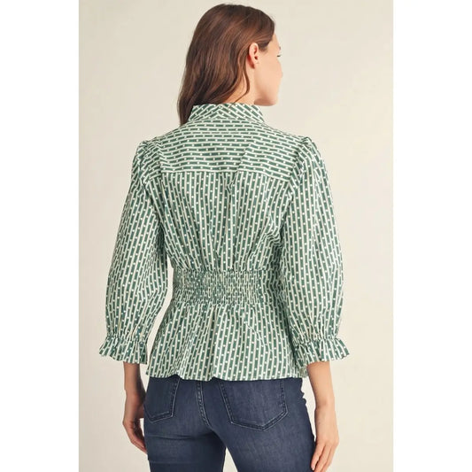 Stripe Polka Dot Peplum Blouse- Pine Green