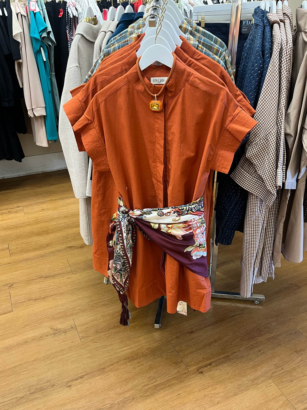 Solid Short Sleeve Mini Dress- Rust