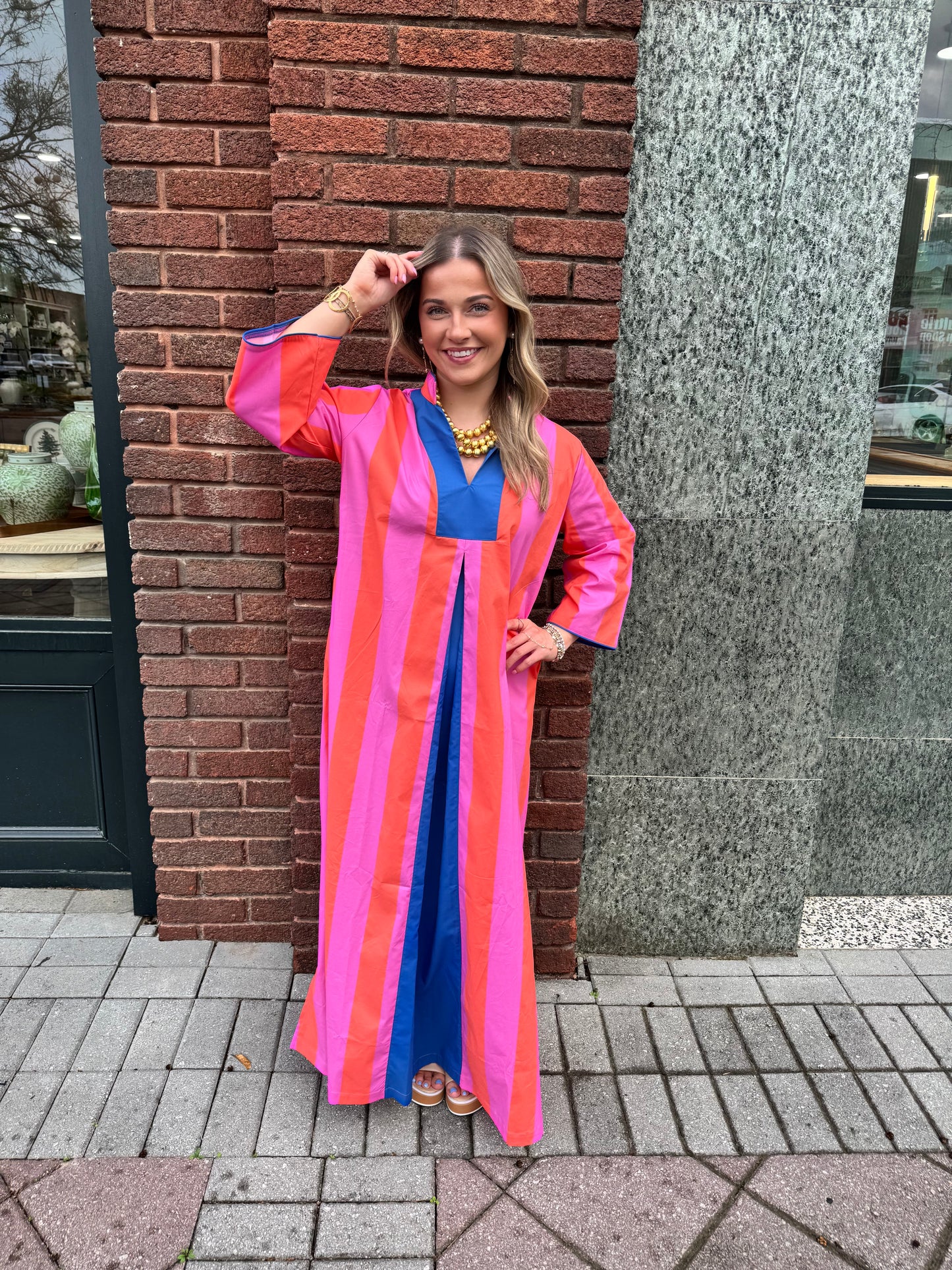 house of mbr martini stripe caftan dress