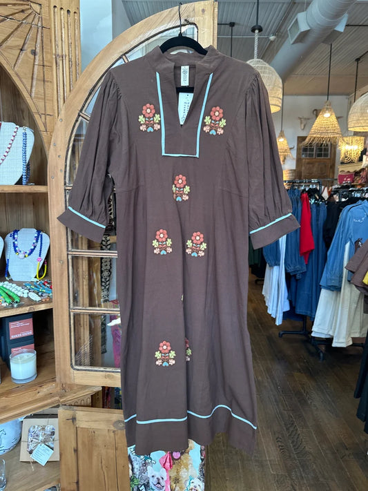 Uncle Frank Kaftan dress W Folkloric Embroidery- Coffee