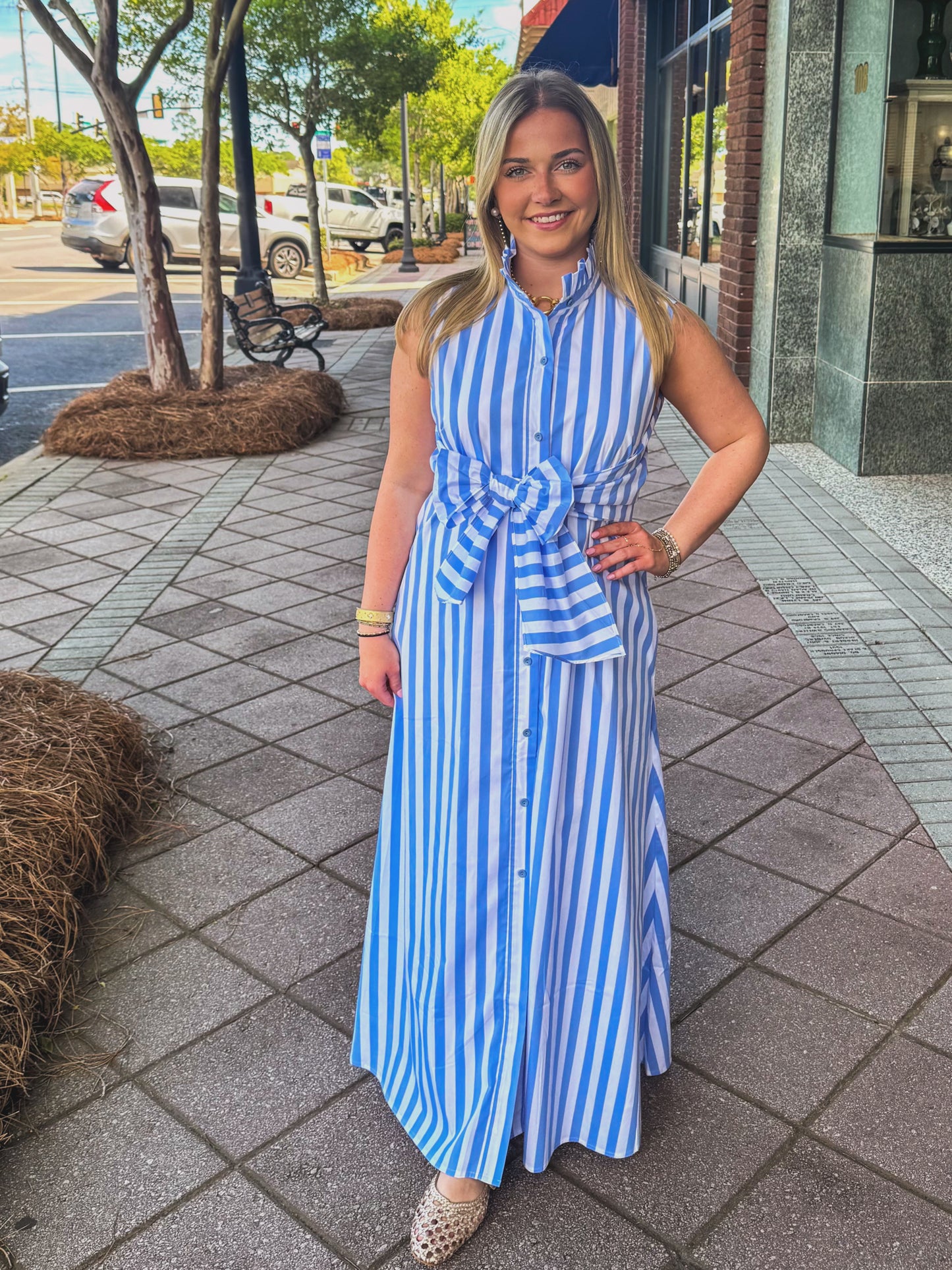 blue stripe back wrap dress