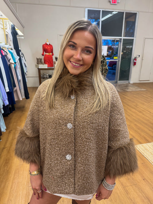 Ivy Jane Boucle Sparkle Fur Trim Jacket- Mocha