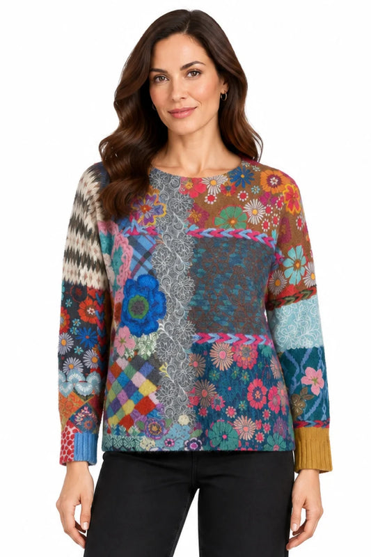 John Mark Multi Patchwork Print Felted Dolman Sweater