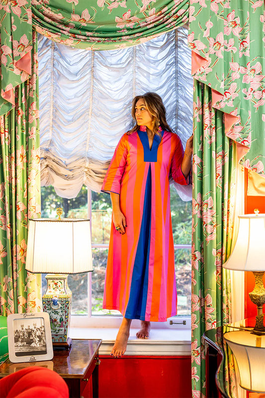 house of mbr martini stripe caftan dress