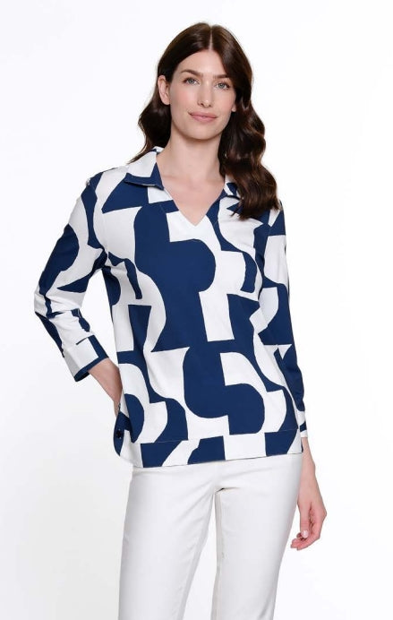 POLO COLLAR PRINTED KNIT TOP